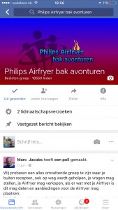 Zo ziet het scherm van de facebook groep Phiips Airfryer bak avonturen. Een zoekvenster ontbreekt.